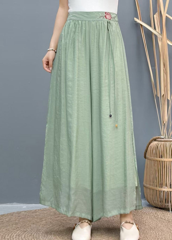 Wide Side Embroidered Summer Pants White Leg Linen Open Casual FashionChic