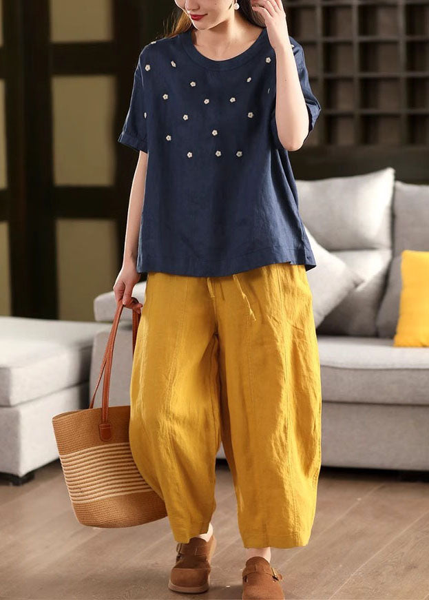 Linen Casual O-Neck Embroideried Tops Summer White FashionChic