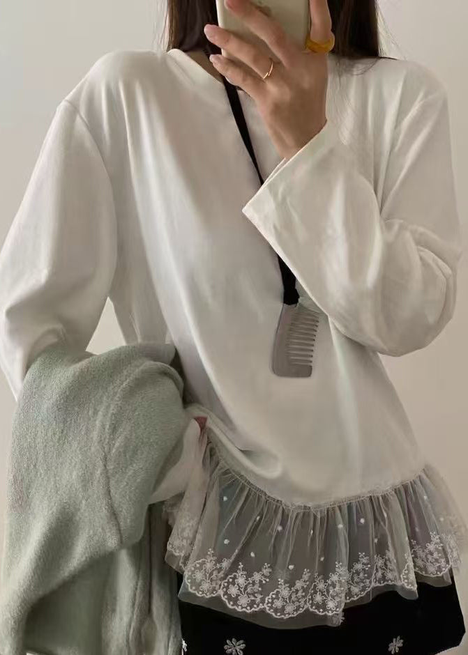 Casual White O Neck Lace Patchwork Cotton T Shirts Top Spring YF001 ABC