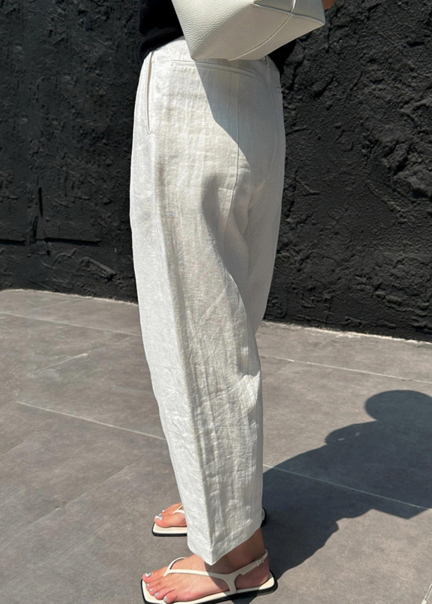 Casual White Patchwork Pockets High Waist Linen Crop Pants Summer VB1033 Ada Fashion
