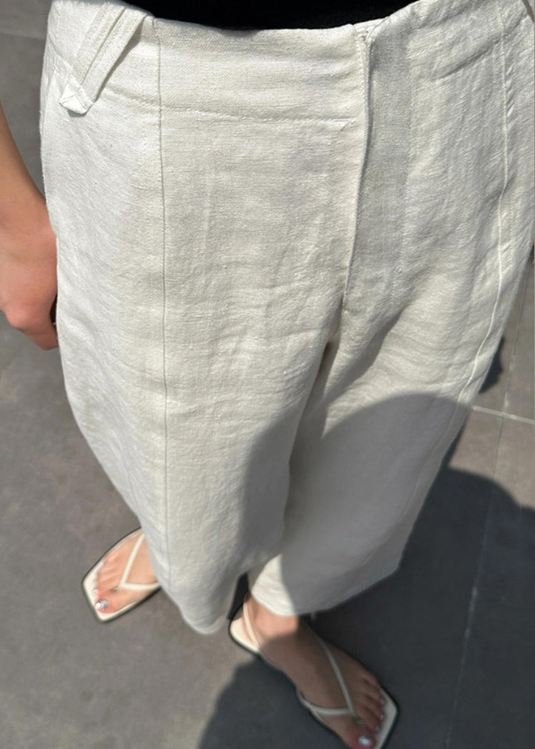 Casual White Patchwork Pockets High Waist Linen Crop Pants Summer VB1033 Ada Fashion