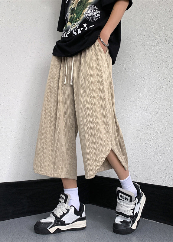 Casual White Pockets Elastic Waist Ice Silk Mens Crop Pants YT019 Men-Silk-MENCP240721