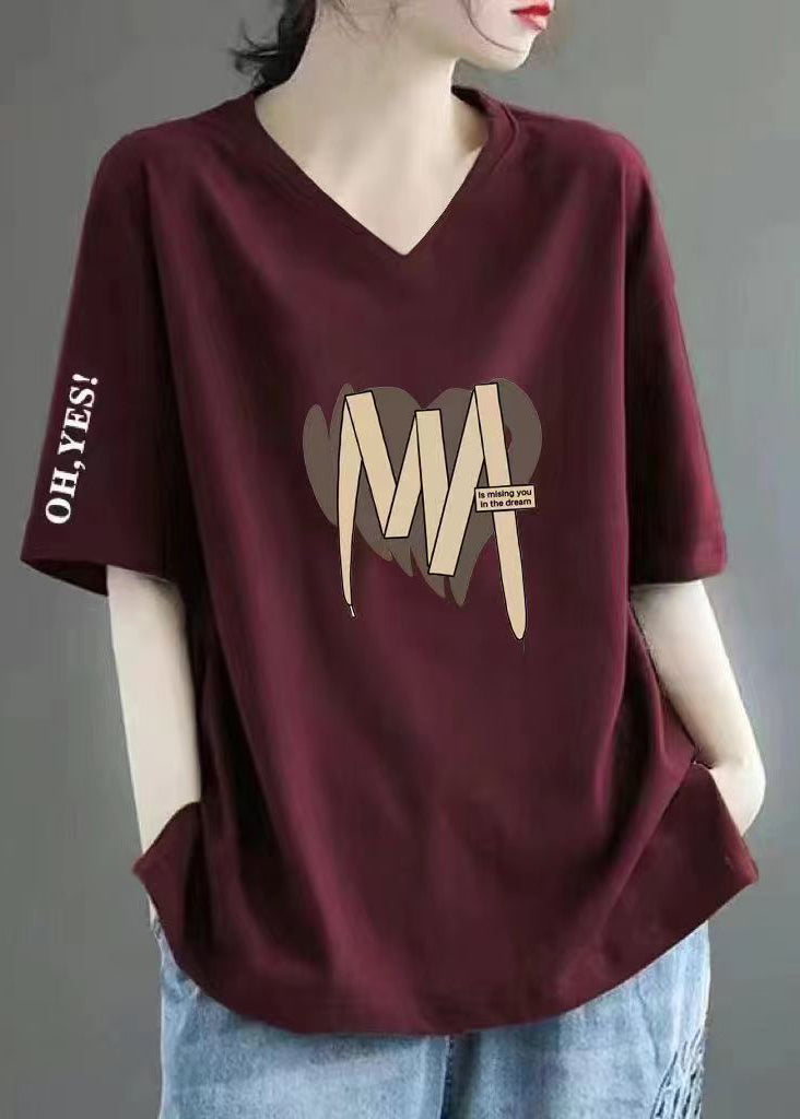 Casual Wine Red V Neck Print Cotton T Shirts Summer BV057 MZF-STP240702