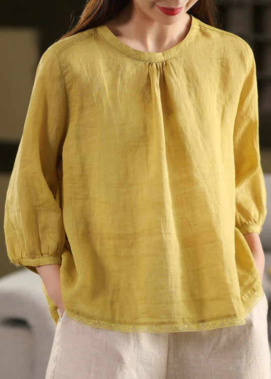 Top O Neck Linen Summer Patchwork Blouse Yellow Casual FashionChic