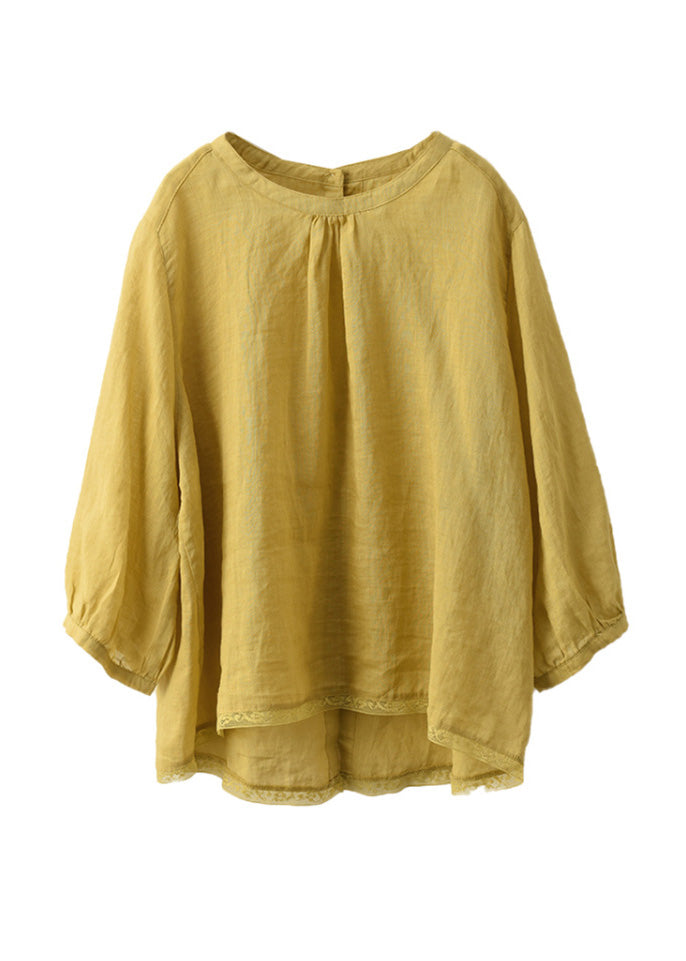 Top O Neck Linen Summer Patchwork Blouse Yellow Casual FashionChic