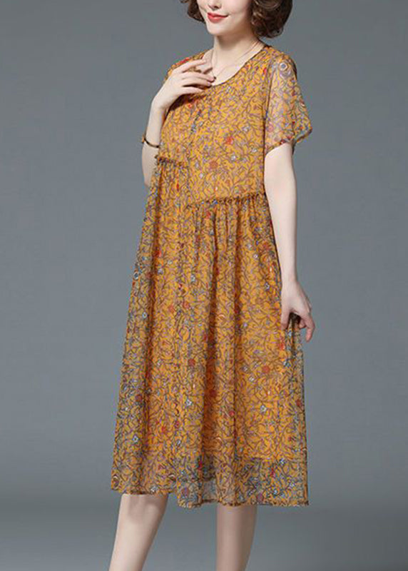 Casual Yellow O-Neck Print Patchwork Tulle Long Dresses Summer VB1020 Ada Fashion