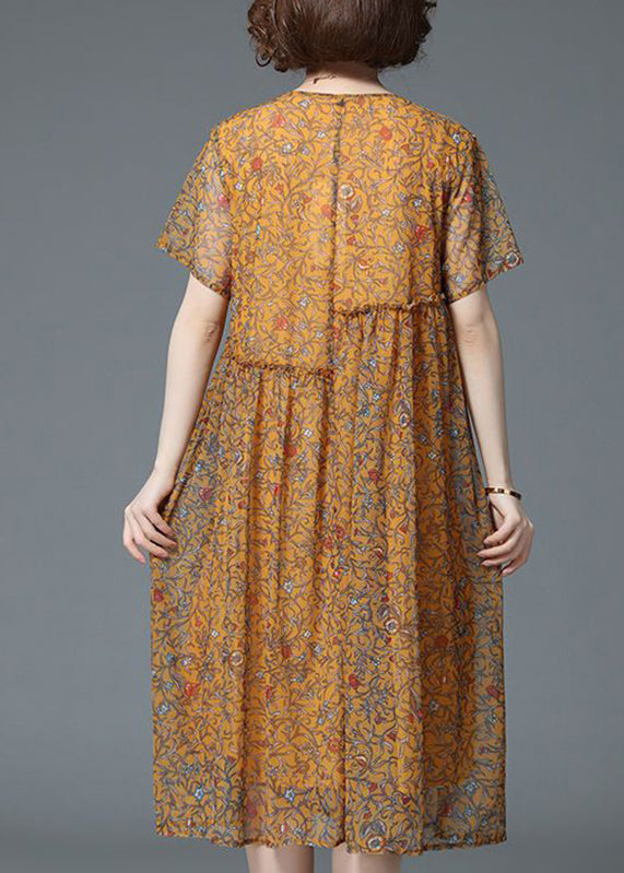 Casual Yellow O-Neck Print Patchwork Tulle Long Dresses Summer VB1020 Ada Fashion