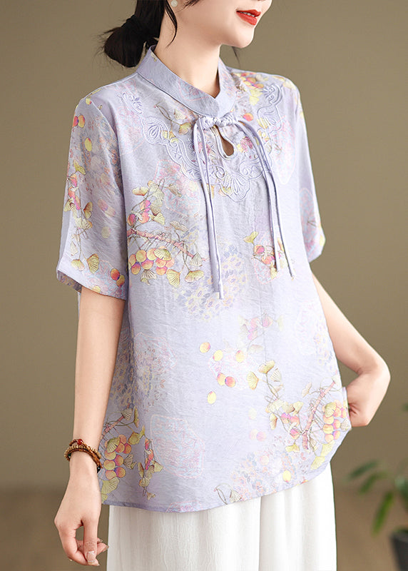 Casual Yellow Tasseled Print Linen Blouses Summer TM042 ABC
