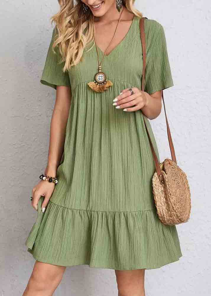 V Army Green Cotton Chic Patchwork Neck Day Dress Summer FashionChic