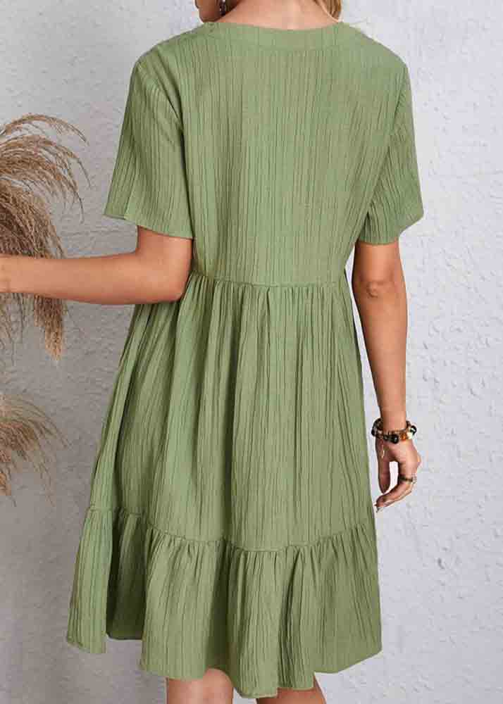 V Army Green Cotton Chic Patchwork Neck Day Dress Summer FashionChic
