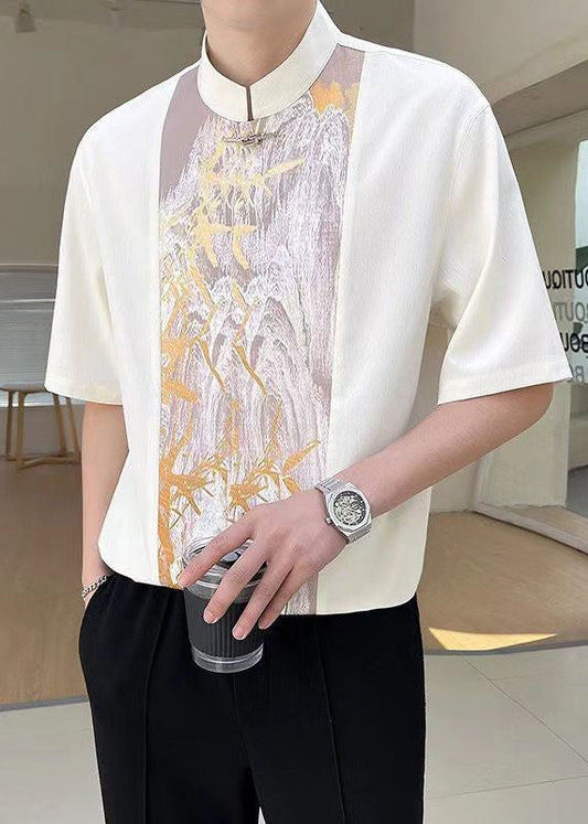 Beige Patchwork Half Stand Men Chic Collar T Shirt Sleeve FashionChic