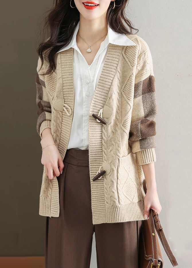 Chic Beige V Neck Button Patchwork Knit Cardigans Fall QS007 OM-BB241010