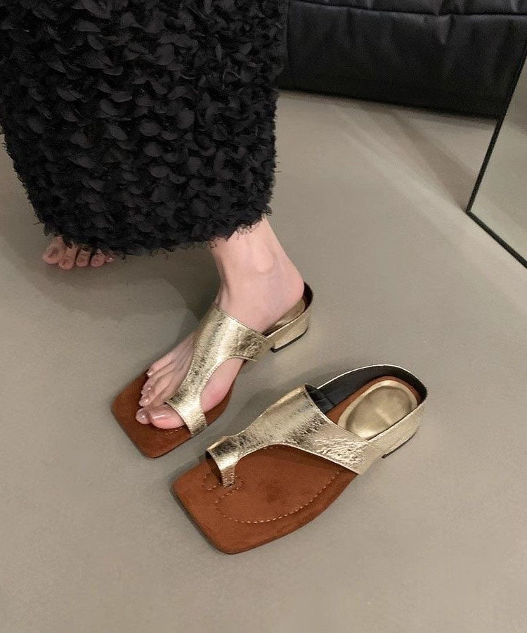 Faux Thong Sandals Chunky Chic Leather Black Splicing FashionChic