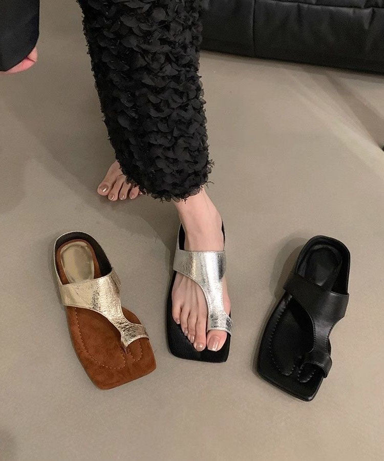 Faux Thong Sandals Chunky Chic Leather Black Splicing FashionChic