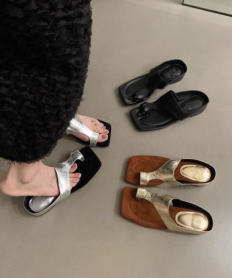 Faux Thong Sandals Chunky Chic Leather Black Splicing FashionChic