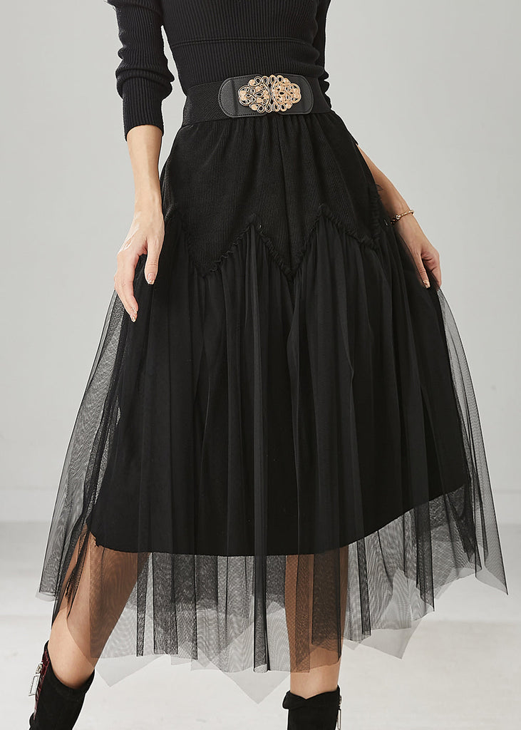 Chic Black High Waist Patchwork Tulle Corduroy Skirts Spring YU1025 Ada Fashion