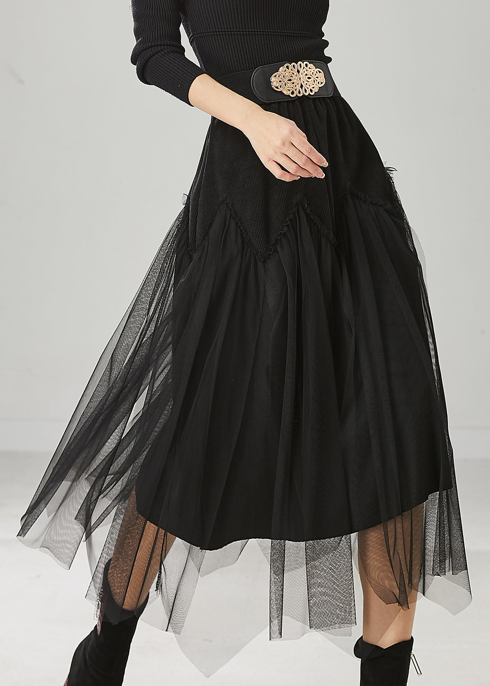 Chic Black High Waist Patchwork Tulle Corduroy Skirts Spring YU1025 Ada Fashion