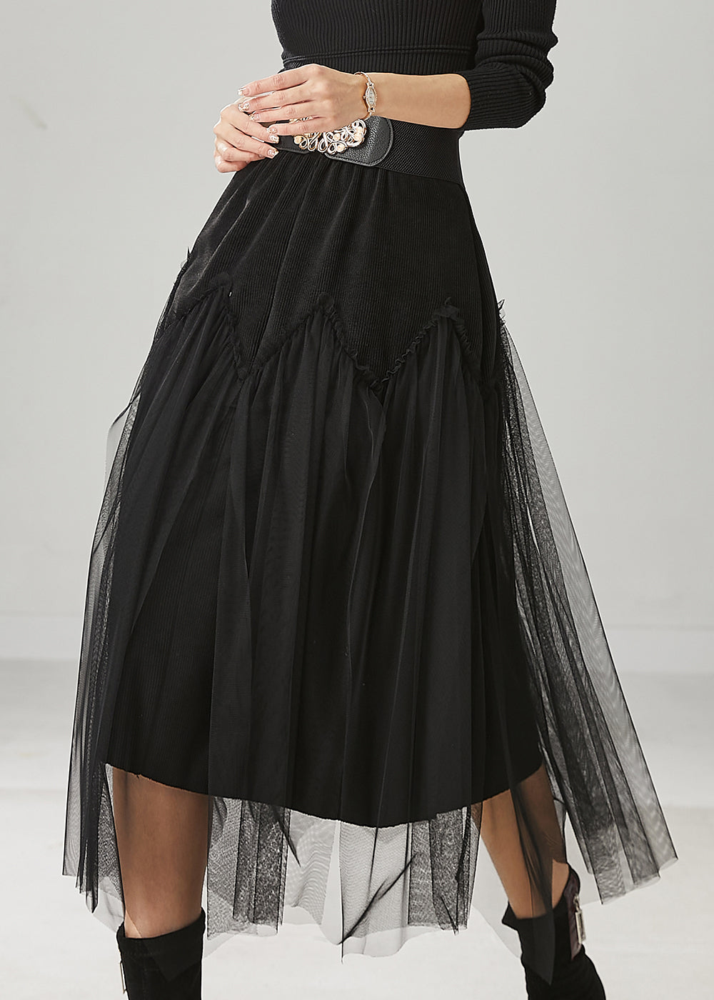 Chic Black High Waist Patchwork Tulle Corduroy Skirts Spring YU1025 Ada Fashion