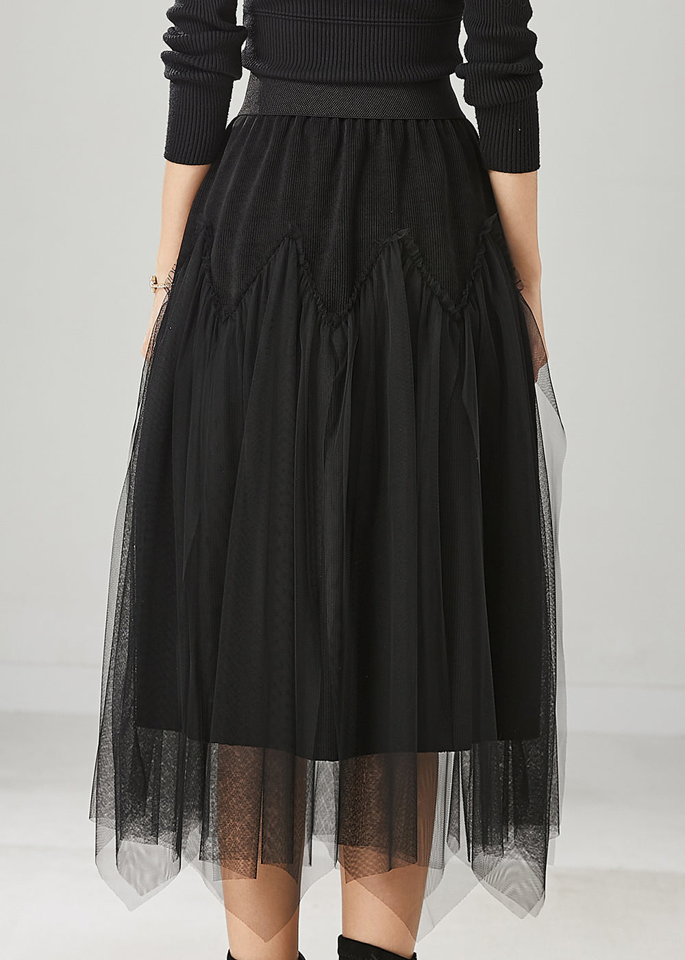 Chic Black High Waist Patchwork Tulle Corduroy Skirts Spring YU1025 Ada Fashion