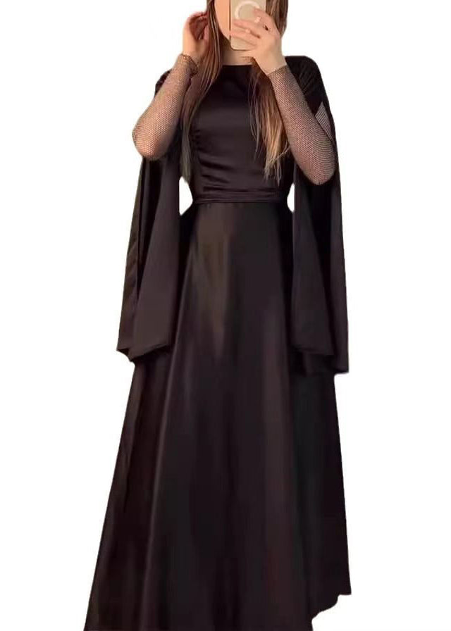 Chic Black O Neck Patchwork Slim Fit Silk Dress Fall WO055 OM-ZS241108