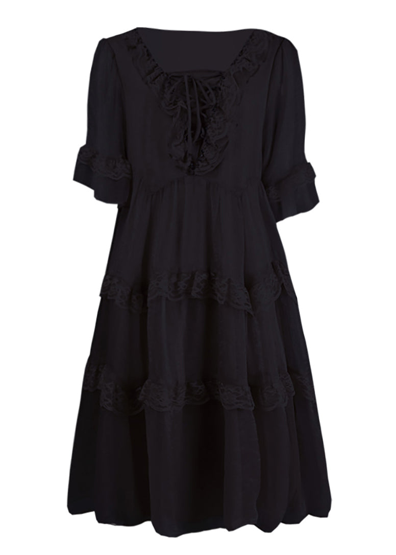 Chic Summer Chiffon Patchwork Ruffled Black Dress FashionChic