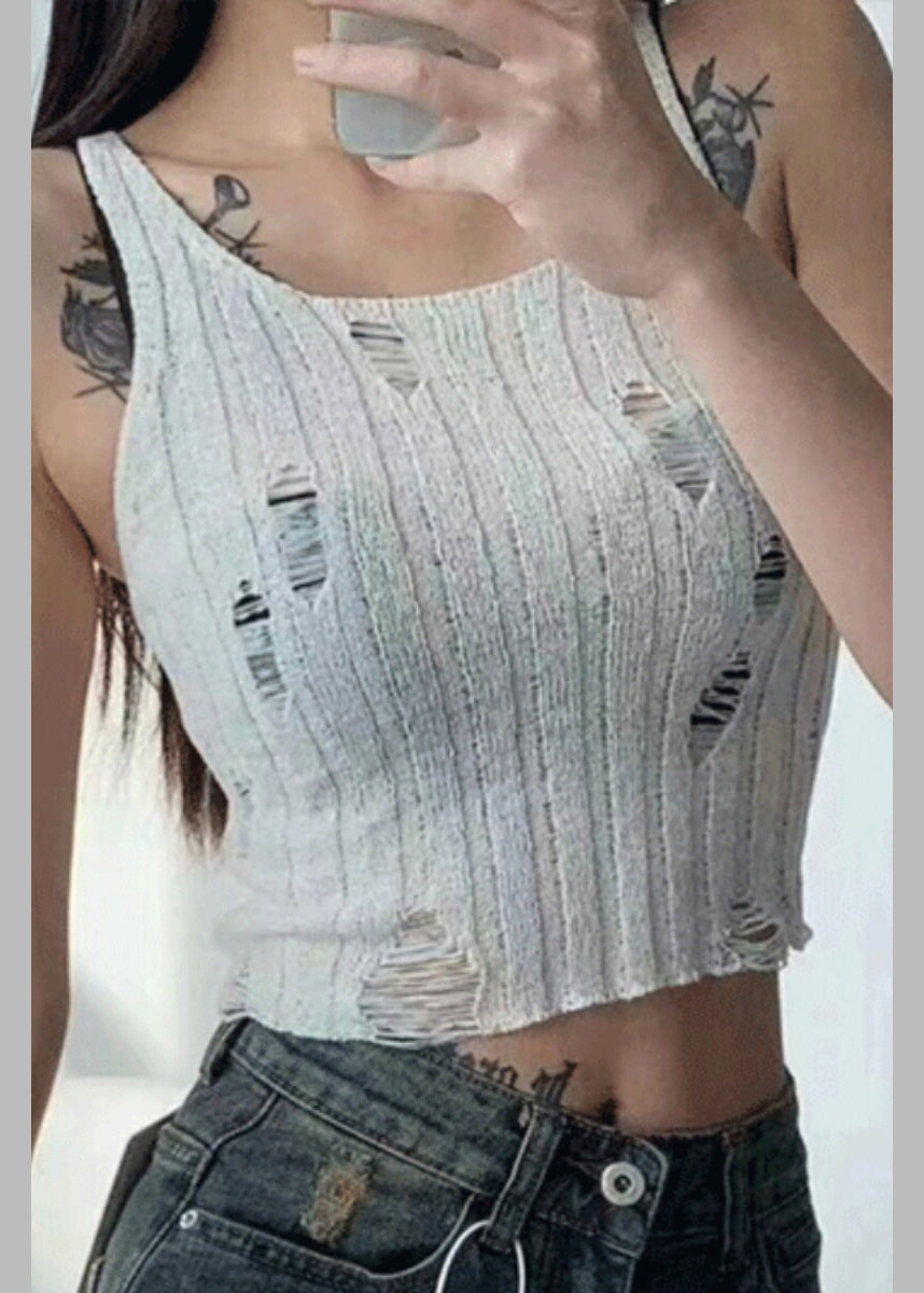 Black Sleeveless Knit Hollow Neck Tanks U Hole Chic Out FashionChic