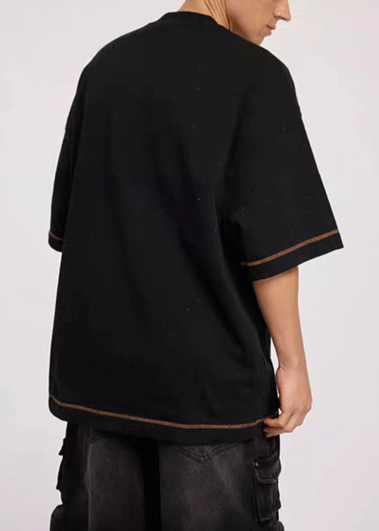 Chic Black Zircon Loose Cotton Men T Shirt Summer LK062 Men-Silk-MENT240630