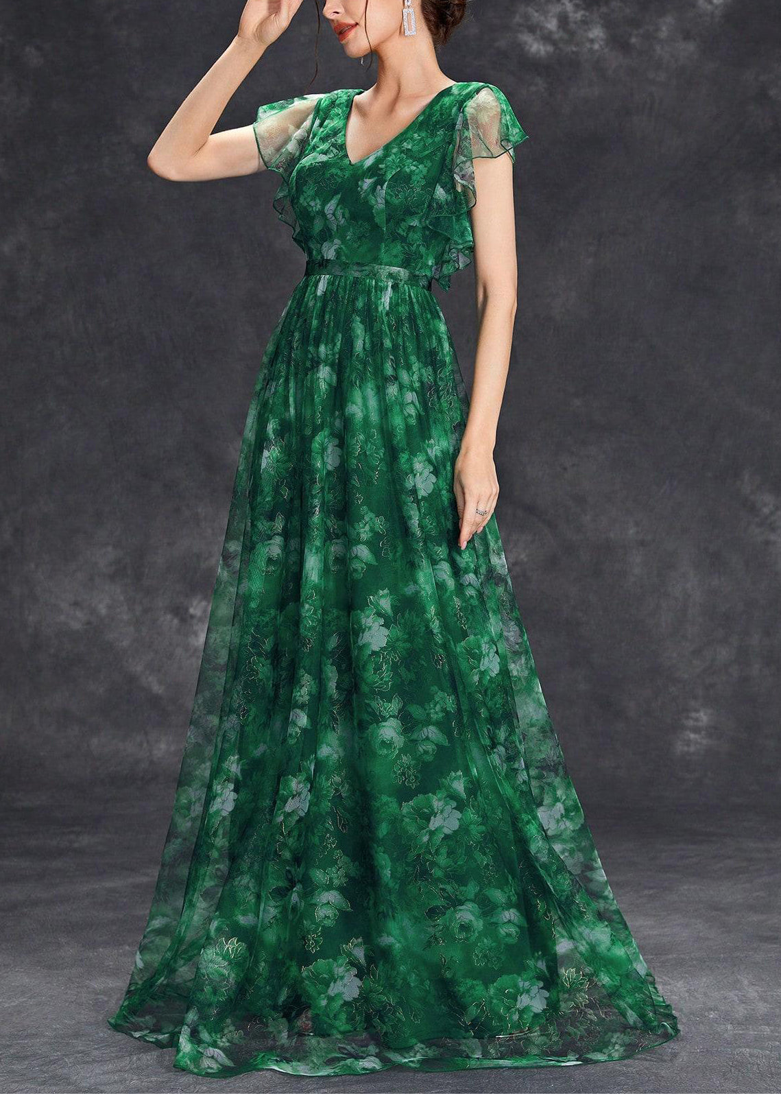 Chic Tunic Ruffled Maxi Dress Green Patchwork Blackish Tulle FashionChic