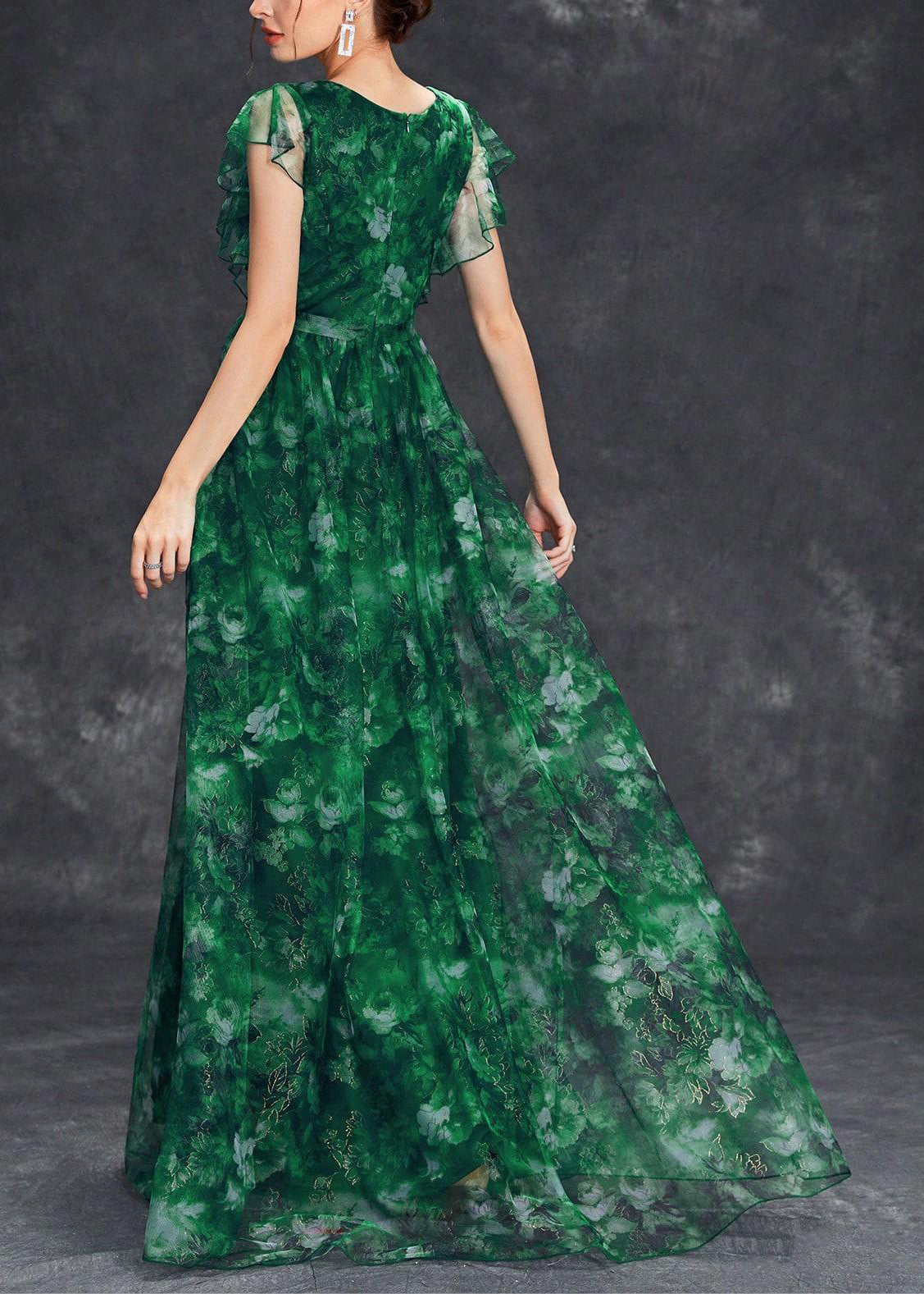 Chic Tunic Ruffled Maxi Dress Green Patchwork Blackish Tulle FashionChic