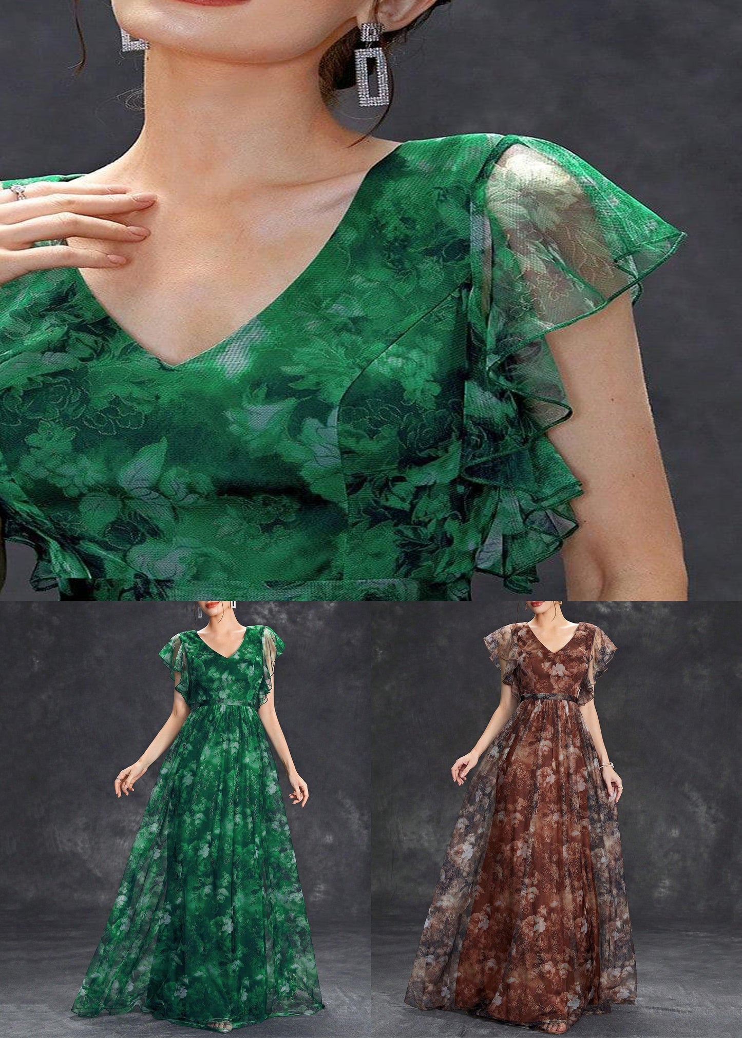 Chic Tunic Ruffled Maxi Dress Green Patchwork Blackish Tulle FashionChic