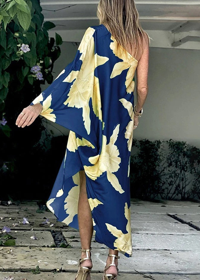 Chic Blue Asymmetrical One Shoulder Print Cotton Dresses Long Sleeve WW1051 Ada Fashion