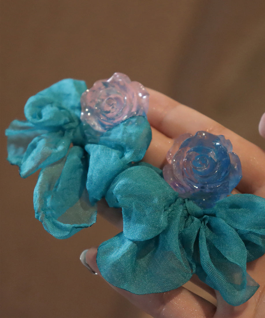 Patchwork Chic Hoop Floral Blue Bow Resin Chiffon Earrings FashionChic