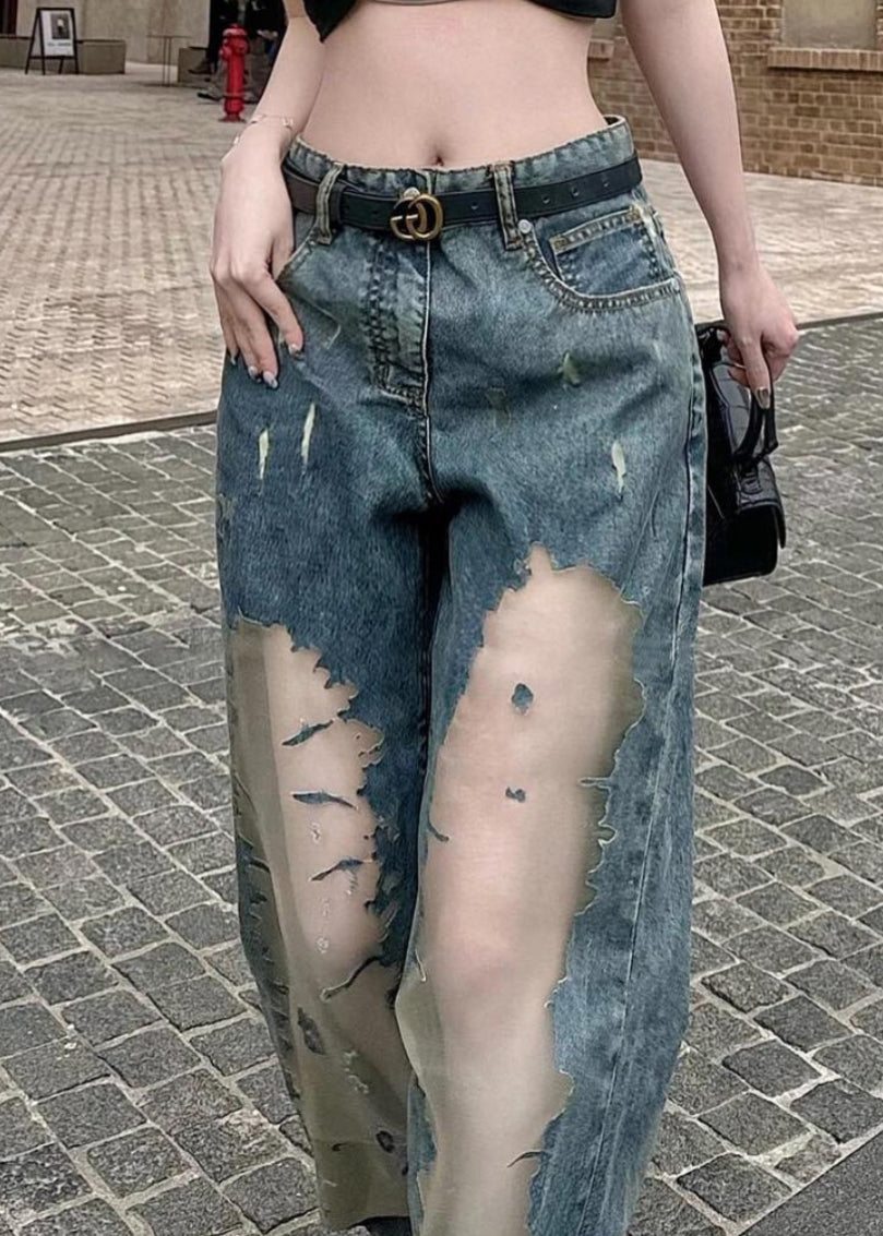 Chic Blue Hollow Out Patchwork Tulle Denim Straight Pants Spring YK032 OM-MZF250306