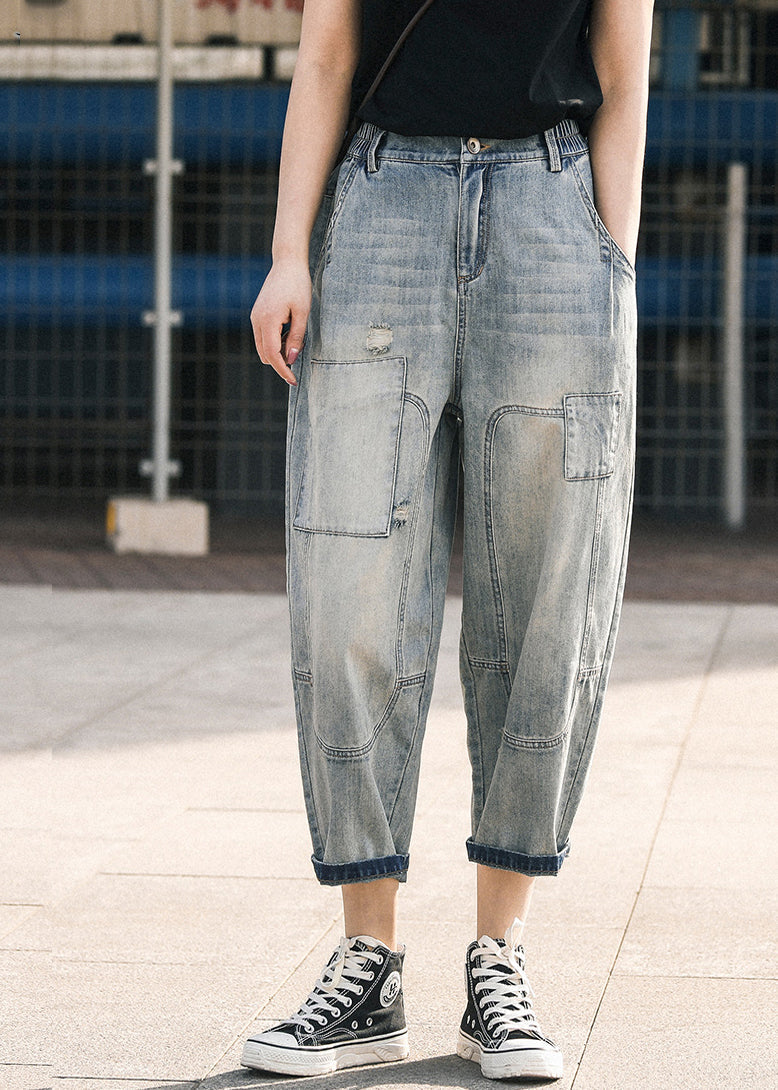 Blue Pants Chic Summer Oversized Patchwork Applique Denim Ripped FashionChic