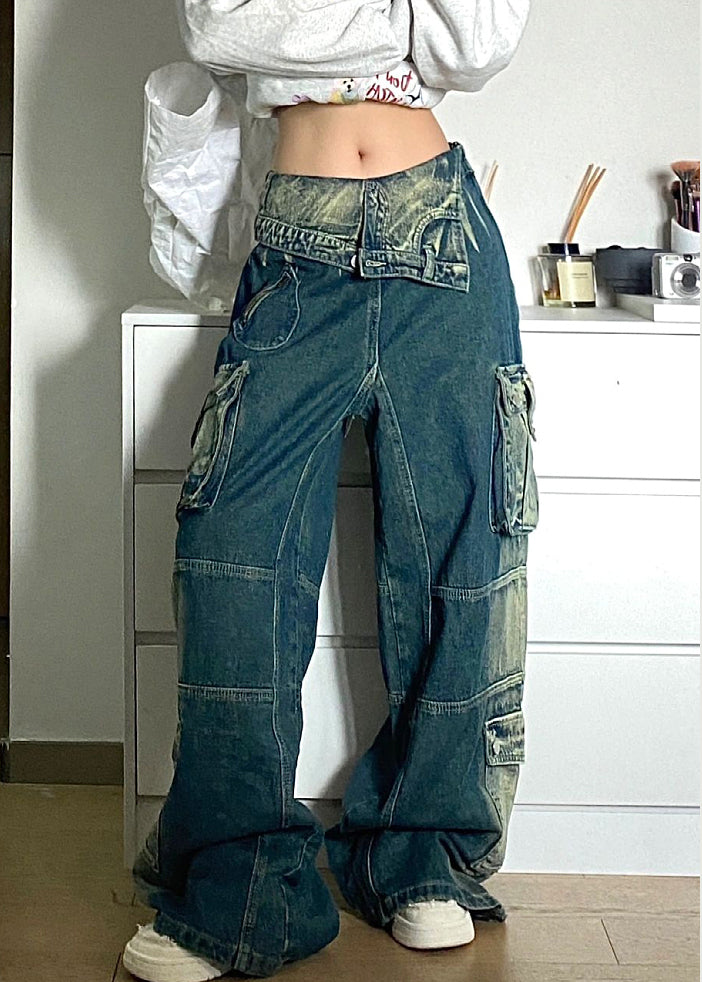 Chic Blue Pockets Patchwork Denim Fall Pants High Waist QF046 Men-LPTS241016