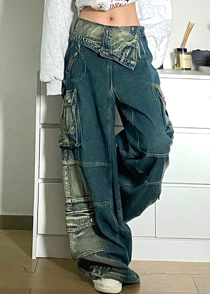 Chic Blue Pockets Patchwork Denim Fall Pants High Waist QF046 Men-LPTS241016