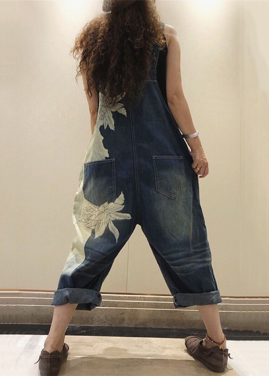 Chic Blue Print Pockets High Waist Denim Jumpsuit Sleeveless MN076 MMDM-JPTS240704