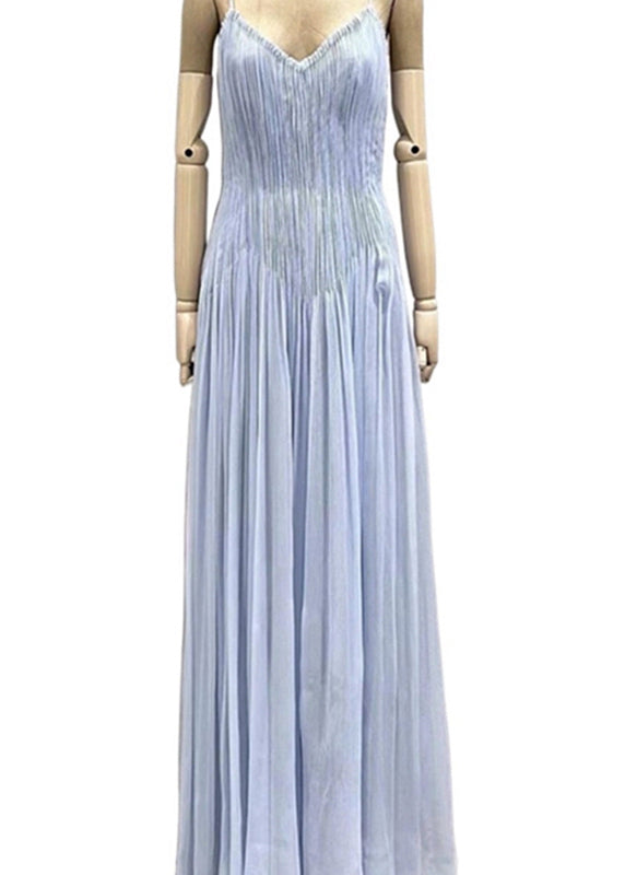 Wrinkled Summer V Chic Spaghetti Dress Neck Strap Blue Cotton FashionChic