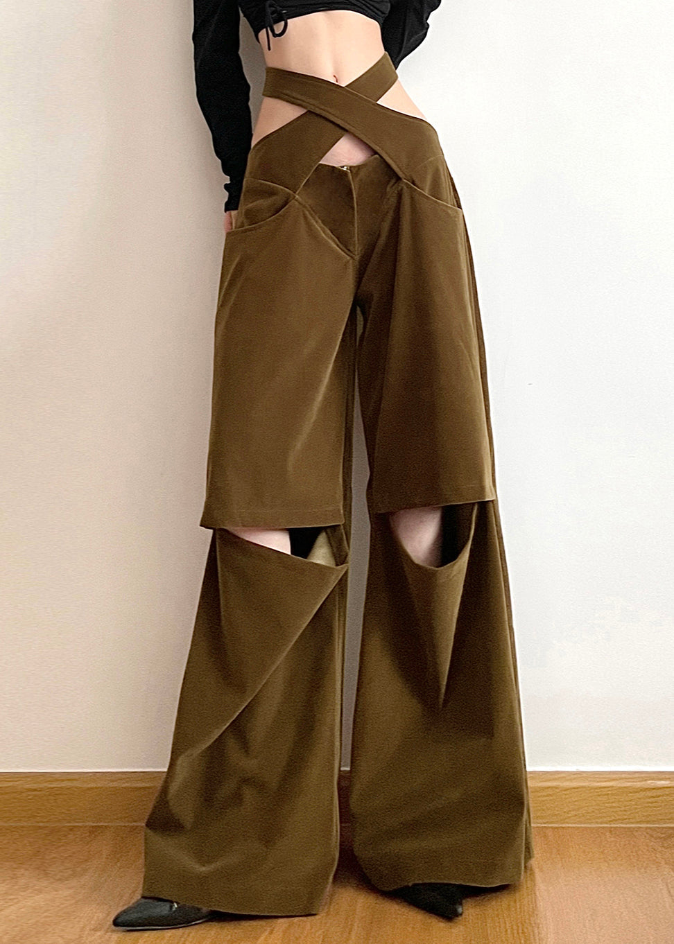 Chic Brown Hollow Out Pockets Cotton Wide Leg Pants Fall AW1008 OM-NZ240827