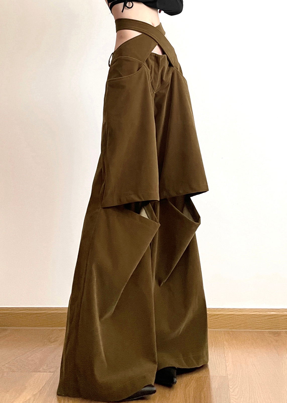 Chic Brown Hollow Out Pockets Cotton Wide Leg Pants Fall AW1008 OM-NZ240827