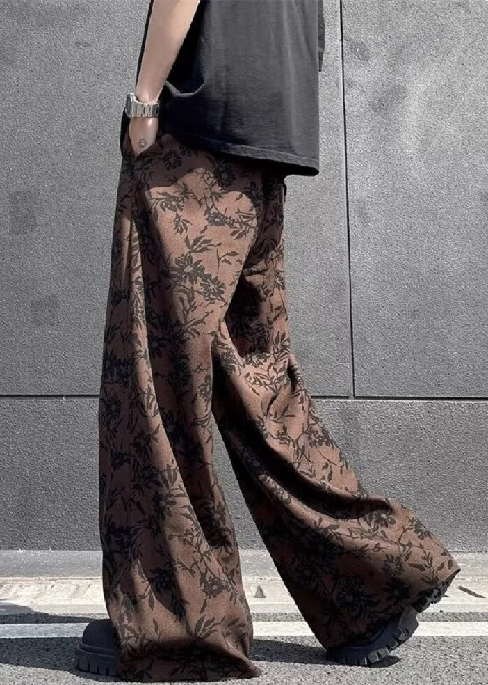 Cotton Leg Wide Print High Waist Men Chic Summer Coffee Pants FashionChic