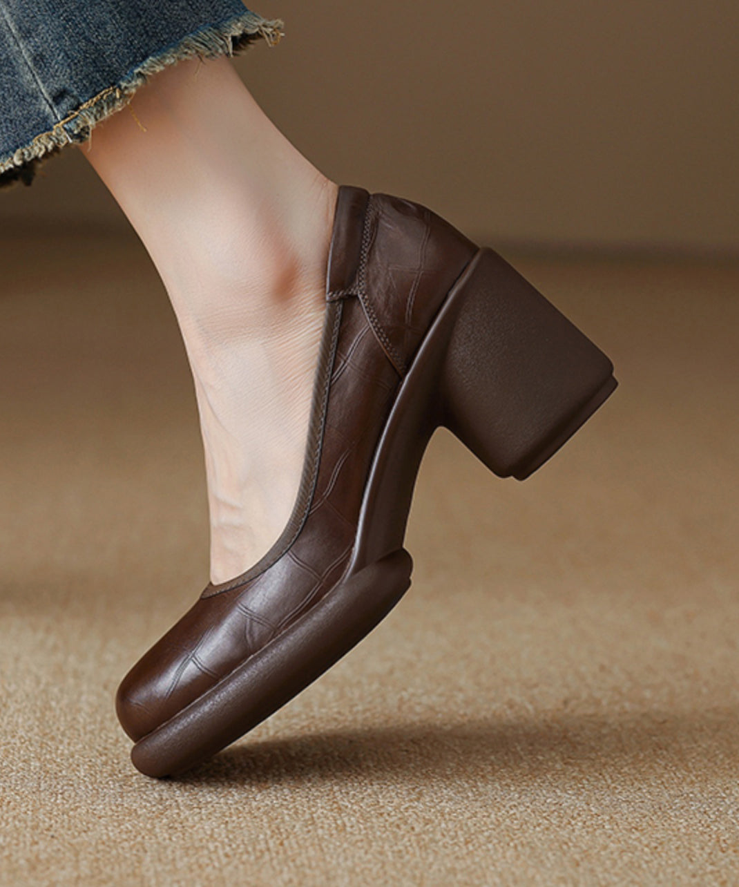Chic Comfy Brown Cowhide Leather Embossed Loafer Shoes YC005 ABC