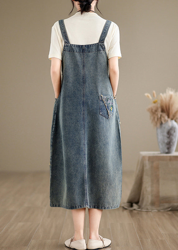 Chic Denim Grey Embroidered Patchwork Spaghetti Strap Dress Sleeveless AP064 GK-SDL240718