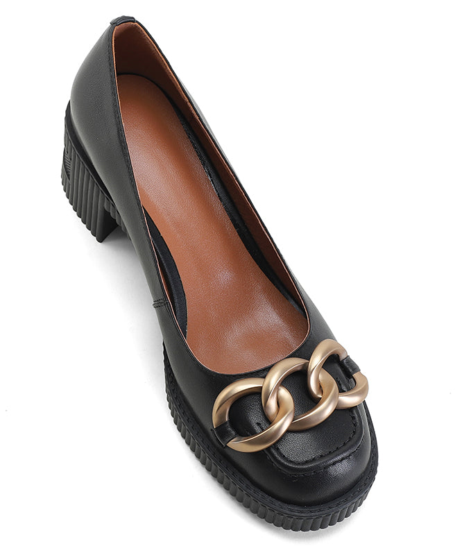 Chic Faux Leather Beige Chain Linked Splicing Chunky Heel Penny Loafers QK066 shoe-GGX241013