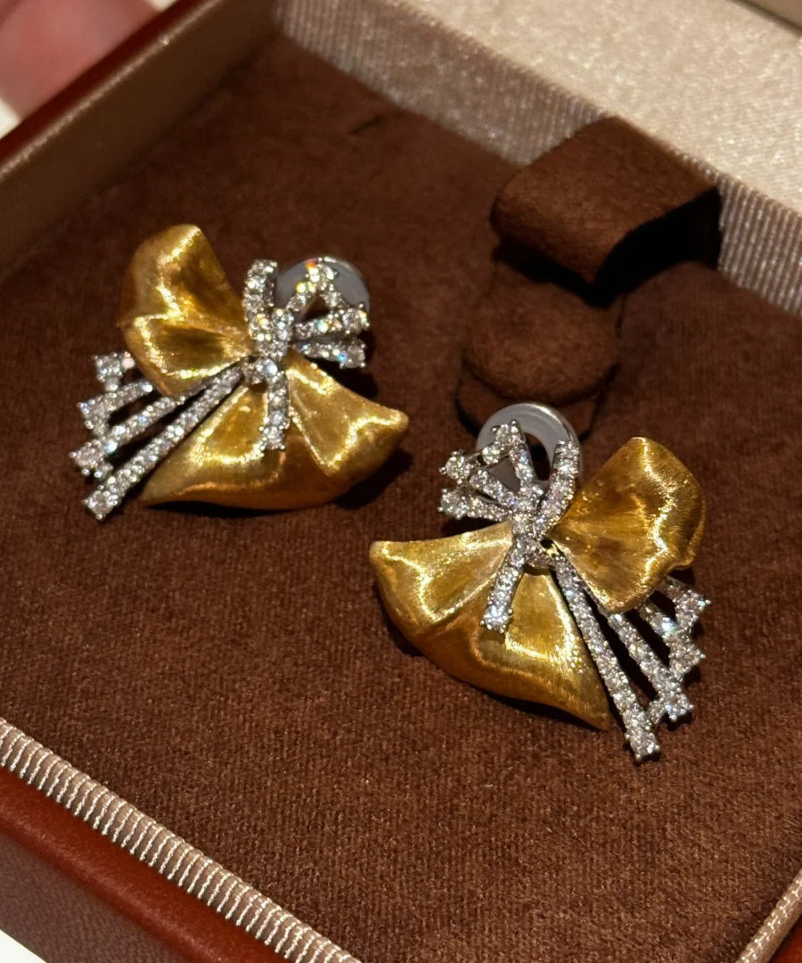 Chic Gold Copper Zircon Asymmetrical Bow Stud Earrings YD002 ABC