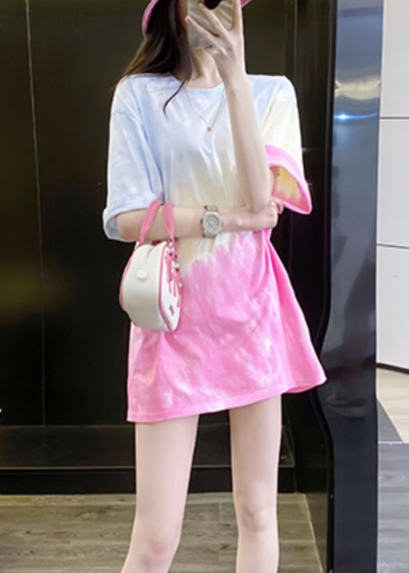 Summer Cotton Shirts Color Tie T Dye Chic Gradient Neck O FashionChic