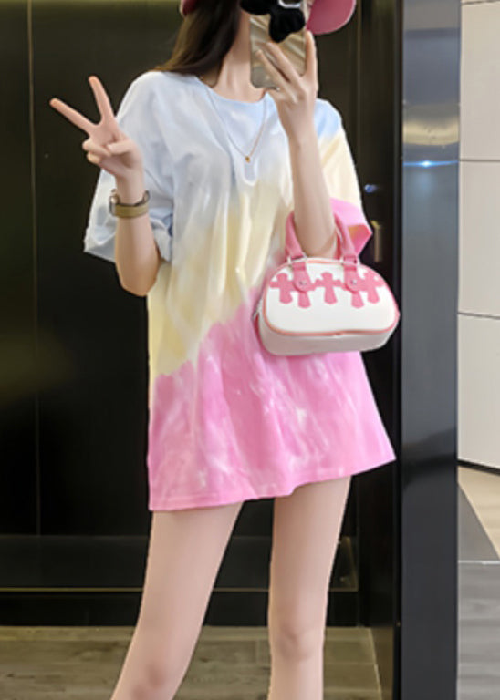 Summer Cotton Shirts Color Tie T Dye Chic Gradient Neck O FashionChic