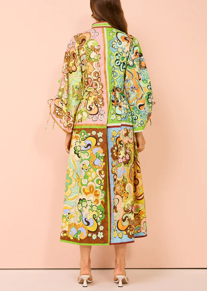 Chic Green Lace Up Print Pockets Cotton Shirts Dress Spring FF084 SH-LF-FDL240603