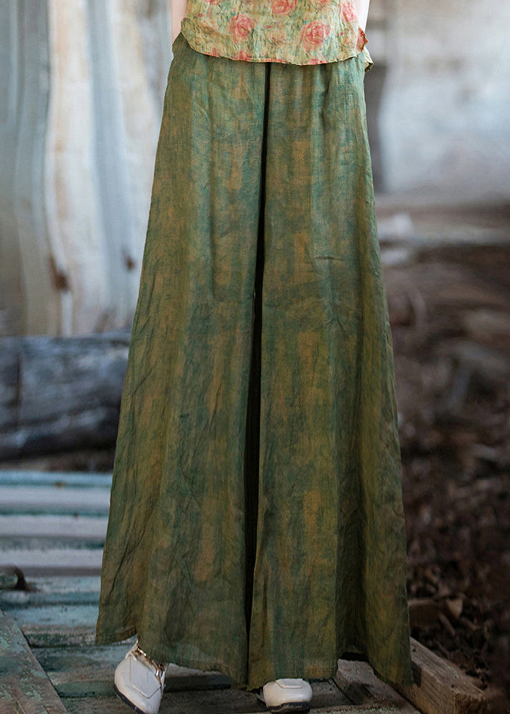Chic Green Print Pockets Linen Wide Leg Pants Summer QE029 MZF-LPTS240927