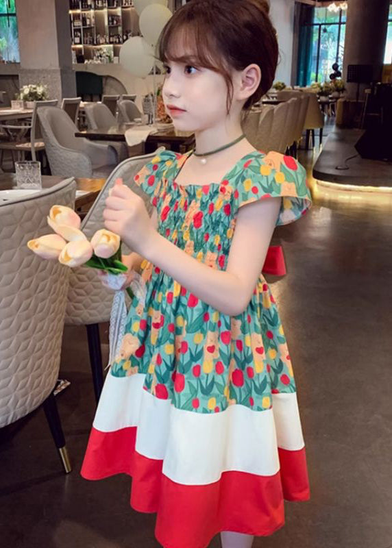Chic Green Square Collar Print Patchwork Cotton Girls Dresses Summer TT009 WS-RCTZSDGL240815